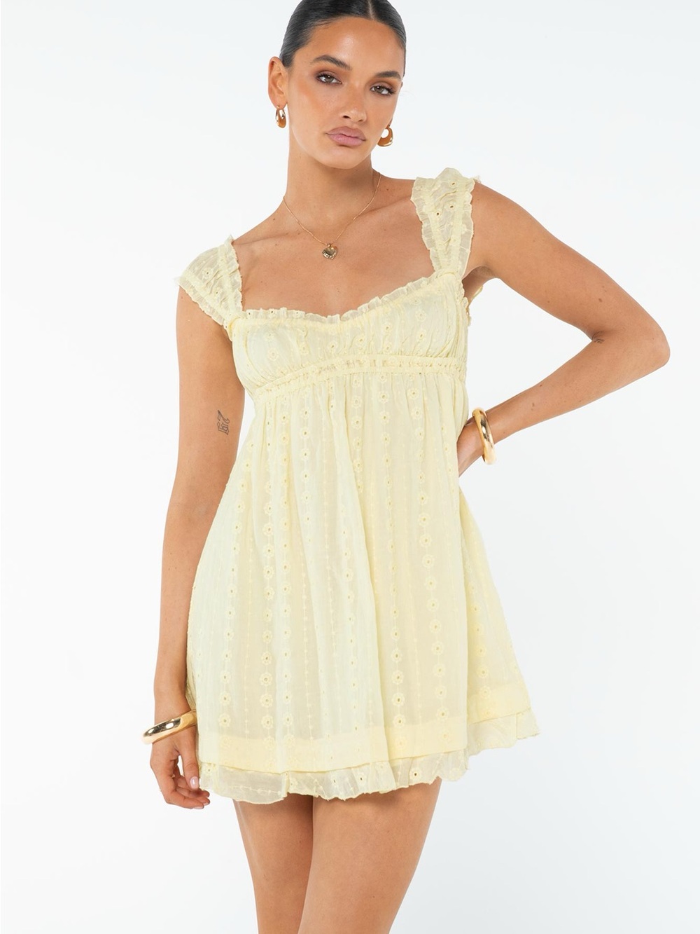 Altar'd State Pale Yellow Eyelet Ruffle Mini Dress